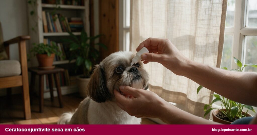 Ceratoconjuntivite seca em cães: tutor aplicando colírio no olho de um Shih-tzu