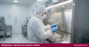 Manipulação veterinária de produtos estéreis: farmacêutico paramentado envasando colírios em fluxo laminar