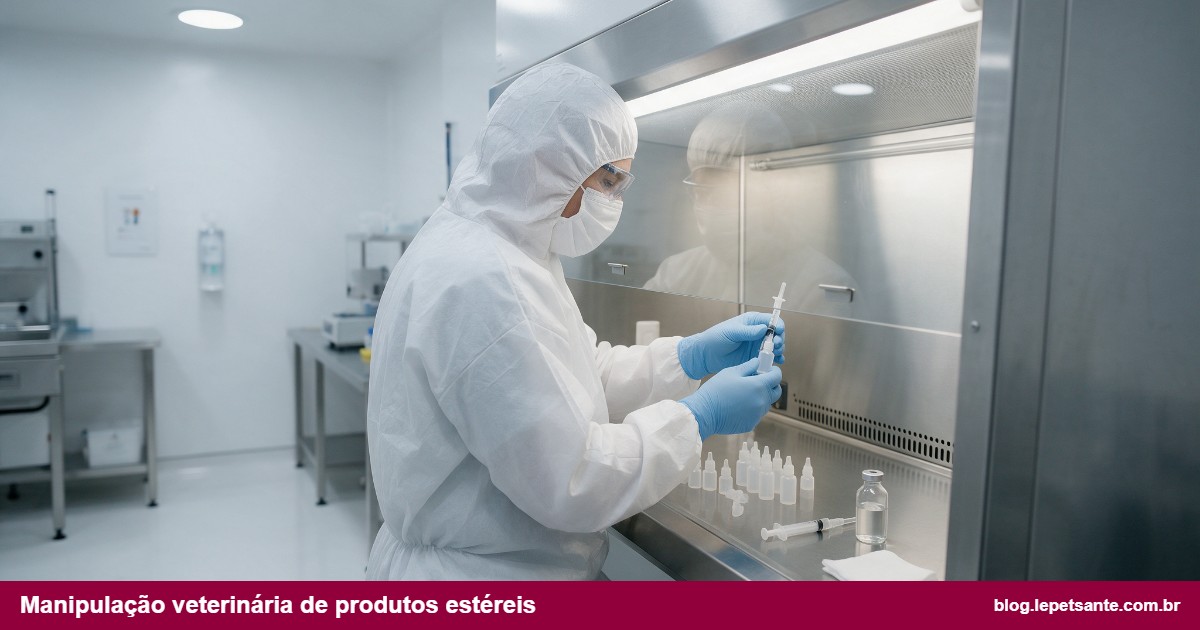 Manipulação veterinária de produtos estéreis: farmacêutico paramentado envasando colírios em fluxo laminar
